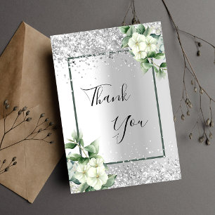 Carte De Remerciements Pailleté floral blanc argenté élégant glamour