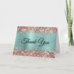 Carte De Remerciements Pailleté Or Rose Feuille Turquoise Clair