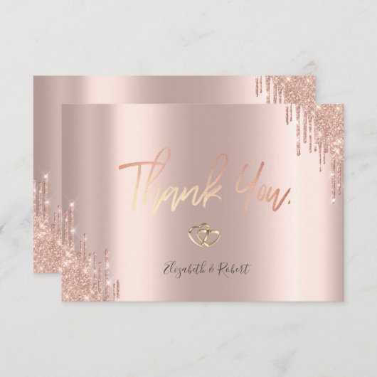 Carte De Remerciements Pailleté Rose Doré Élégant avec Gouttes de Paillet (Devant / Derrière)