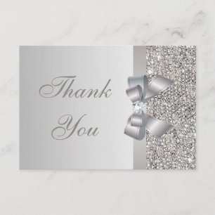 Carte De Remerciements Paillettes Argent, Nœud & Diamant Mariage Remercie