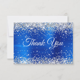 Carte De Remerciements Paillettes Argentées Bleu Royal Feuille 50e Annive