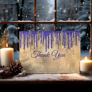 Carte De Remerciements Paillettes royales bleu chic gouttes d'or