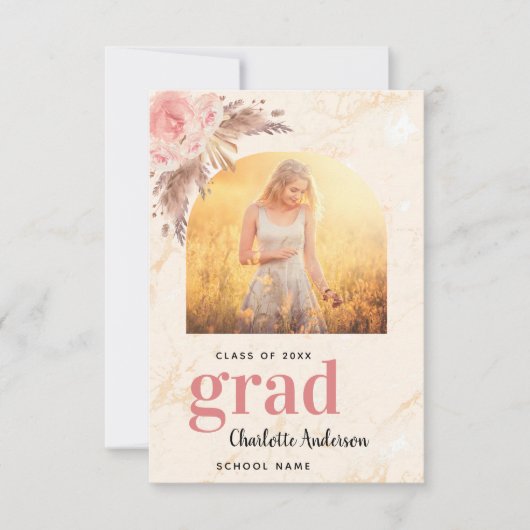 Carte De Remerciements Pampas herbe blush marbre photo graduation (Devant)