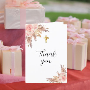Carte De Remerciements Pampas herbe rose or florales photo baptême