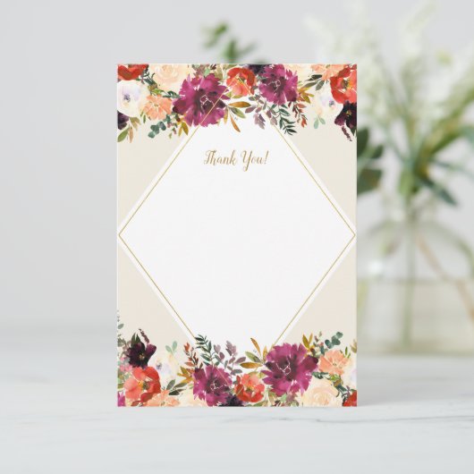 Carte De Remerciements Papeterie florale romantique Bourgogne + pêche (Debout devant)