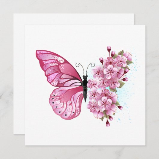 Carte De Remerciements Papillon à fleurs avec Sakura rose (Devant / Derrière)