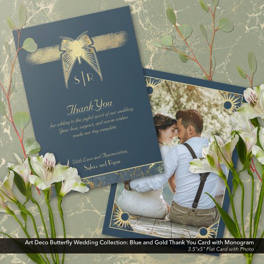 Carte De Remerciements Papillon Art déco Monogramme Photo Blue Gold Flat