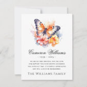 Carte De Remerciements Papillon d'aquarelle et fleurs funéraires sympathi (Devant)