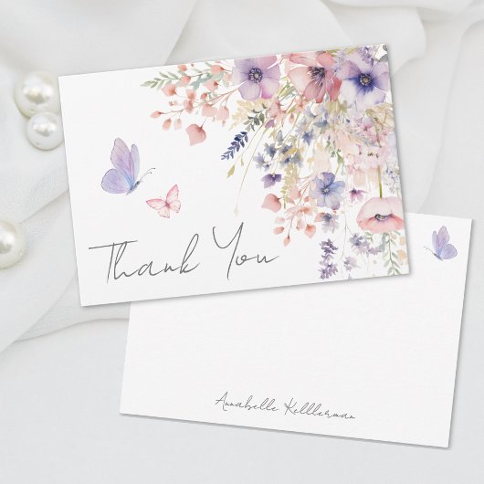 Carte De Remerciements Papillon Fleur sauvage rose violet