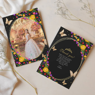 Carte De Remerciements Papillon Floral Noir Or Quinceañera Photo