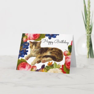 Carte De Remerciements Papillon floral victorien Chat endormi Joyeux Anni