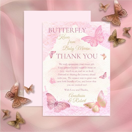 Carte De Remerciements Papillon rose Baisers Baby shower fille