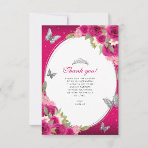 Carte De Remerciements Papillon rose floral en argent Quinceañera Photo