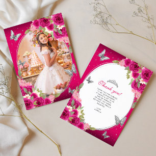 Carte De Remerciements Papillon rose floral en argent Quinceañera Photo