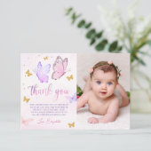 Carte De Remerciements Papillon rose violet or fille 1er anniversaire Pho (Debout devant)
