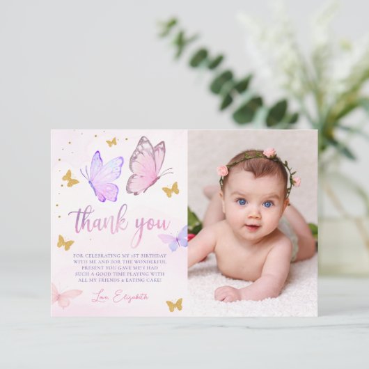 Carte De Remerciements Papillon rose violet or fille 1er anniversaire Pho (Debout devant)