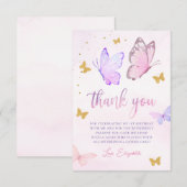 Carte De Remerciements Papillon rose violet or fille fête d'anniversaire (Devant / Derrière)