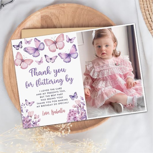 Carte De Remerciements Papillon rose violet photo d'anniversaire