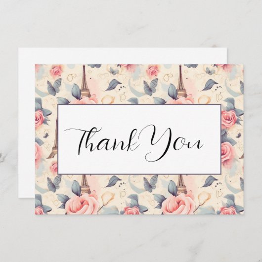 Carte De Remerciements Papillon Tour Eiffel et Motif Rose (Devant / Derrière)