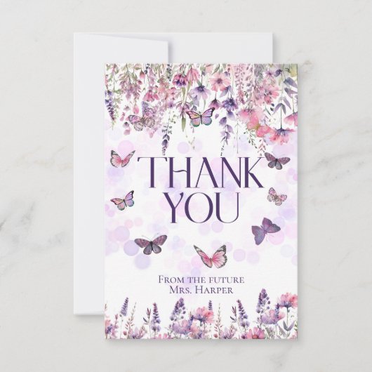 Carte De Remerciements Papillons et Fleurs sauvages rose blanc (Devant)