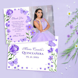 Carte De Remerciements Papillons floraux pourpres Lilac Photo Quinceañera