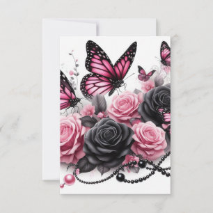 Carte De Remerciements Papillons roses et Roses aux perles noires