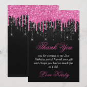 Carte De Remerciements Parties scintillant à goutte noire et rose Anniver (Devant / Derrière)