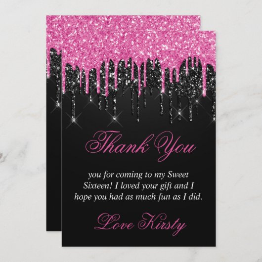 Carte De Remerciements Parties scintillant à goutte noire et rose Douce 1 (Devant / Derrière)