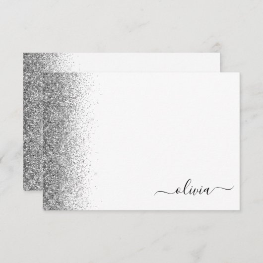 Carte De Remerciements Parties scintillant blanche en argent Script Monog (Devant / Derrière)