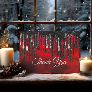 Carte De Remerciements Parties scintillant chic noir et rouge et argent g