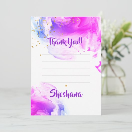 Carte De Remerciements Parties scintillant d'aquarelle violet bat mitzvah (Debout devant)