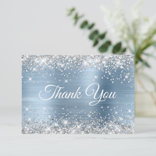 Carte De Remerciements Parties scintillant d'argent bleu clair huile 40e  (Debout devant)