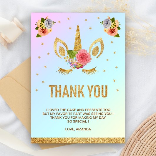 Carte De Remerciements Parties scintillant d'or magique Unicorn Visage An