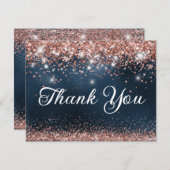 Carte De Remerciements Parties scintillant d'or rose et flacon bleu marin (Devant / Derrière)