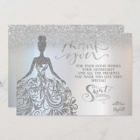 Carte De Remerciements Parties scintillant en argent Bokeh Ombre, robe Do (Devant / Derrière)