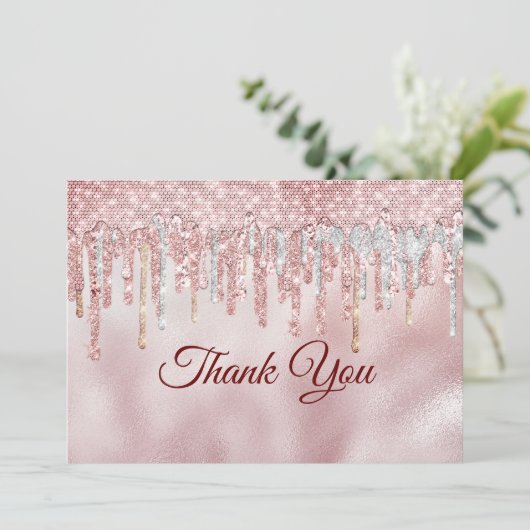 Carte De Remerciements Parties scintillant en or roux rose chic gouttes (Debout devant)
