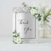 Carte De Remerciements Parties scintillant florale blanche argentée éléga (Debout devant)