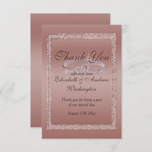 Carte De Remerciements Parties scintillant or rose et anneaux Mariage arg (Devant / Derrière)
