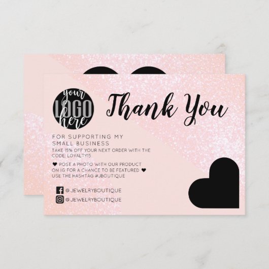 Carte De Remerciements Parties scintillant rose Geo Heart Logo Client Mer (Devant / Derrière)