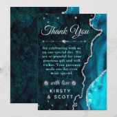 Carte De Remerciements Parties scintillant turquoise et argent Agate et M (Devant / Derrière)