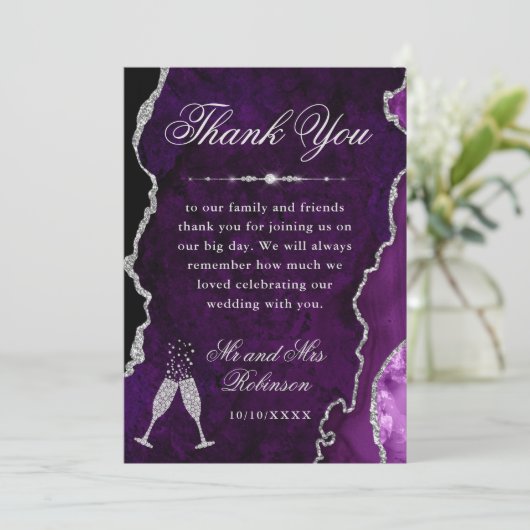 Carte De Remerciements Parties scintillant violet et argent Agate et Mari (Debout devant)