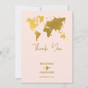 Carte De Remerciements Passeport Mariage Destination Monde Rose Pâle Or