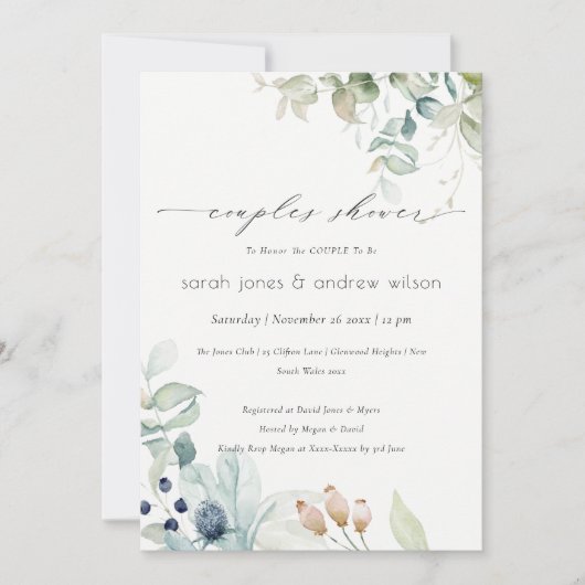 Carte De Remerciements Pastel Blue Green Foliage Couples Douche Invitatio (Devant)