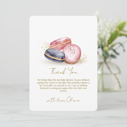 Carte De Remerciements Pastel Bonjour Bébé Baby shower Français Macarons (Debout devant)