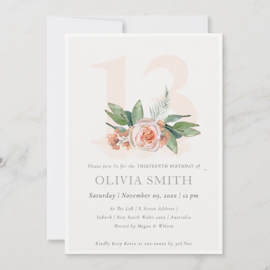 Carte De Remerciements Pastel Peach Rose Floral Bunch 13 Anniversaire Inv (Devant)