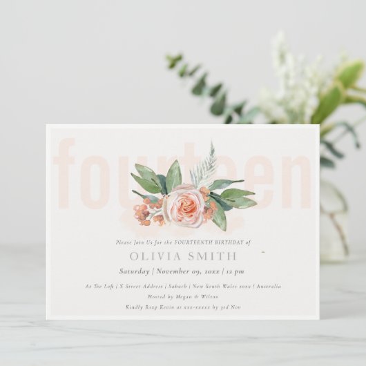 Carte De Remerciements Pastel Peach Rose Floral Bunch 14 Anniversaire Inv (Debout devant)