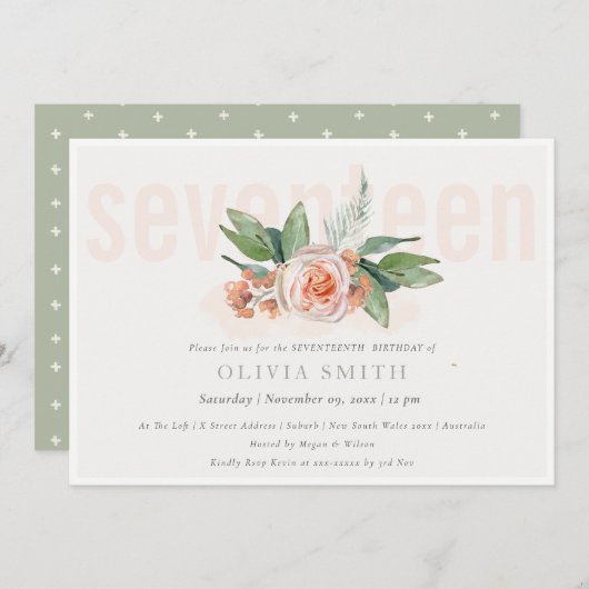 Carte De Remerciements Pastel Peach Rose Floral Bunch 17 Anniversaire Inv (Devant / Derrière)