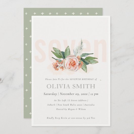 Carte De Remerciements Pastel Peach Rose Floral Bunch 7e Anniversaire Inv (Devant / Derrière)