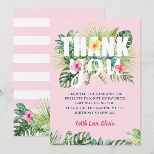 Carte De Remerciements Pastel Pink Tropical Greenery Floral Anniversaire (Devant / Derrière)