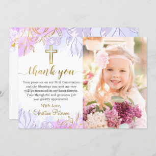 Carte De Remerciements Pastel Purple Gold Floral First Communal Photo